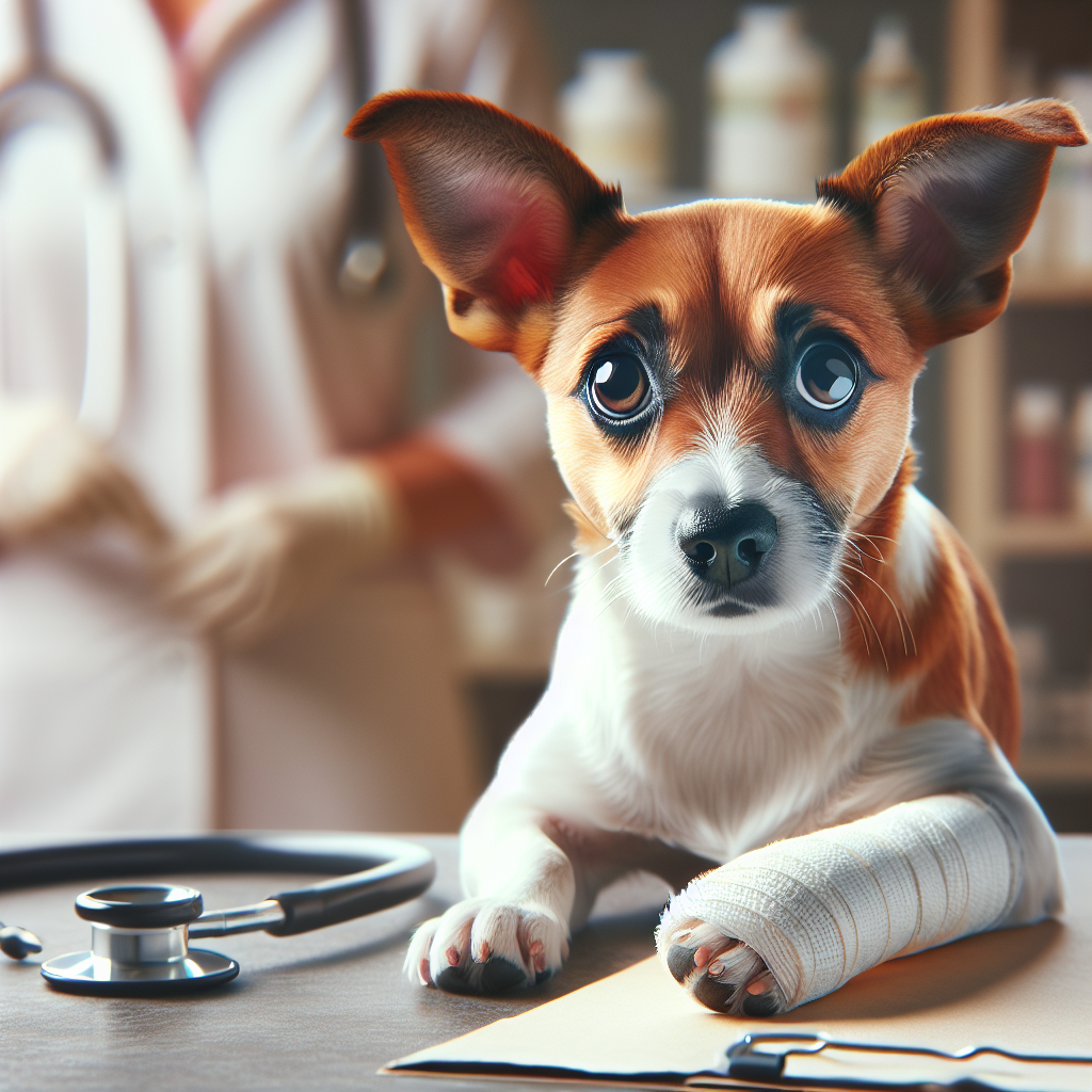 Un chien avec une patte bandée dans un cadre vétérinaire, semblant concerné. Le contexte suggère l'importance de la prudence dans le traitement médical.