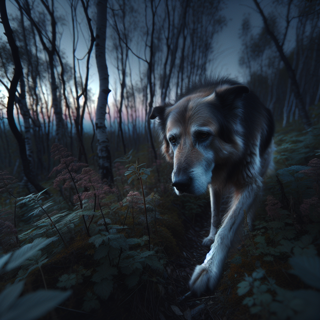 Un chien perdu marchant dans une forêt au crépuscule, semblant fatigué et cherchant son chemin.