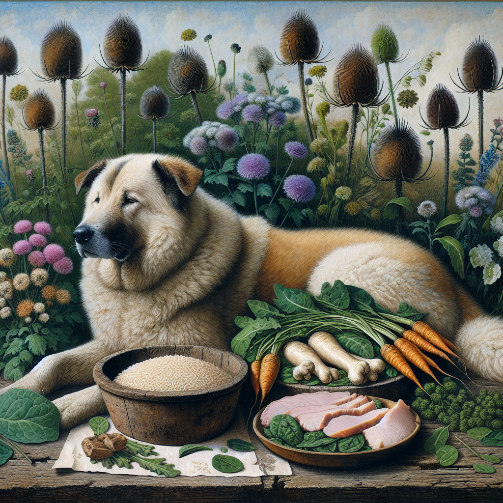 Un chien heureux et en bonne santé dans un environnement naturel, près de plantes comme le chardon-Marie et la racine de pissenlit, avec un bol de poulet bouilli, carottes, épinards et riz brun à côté.