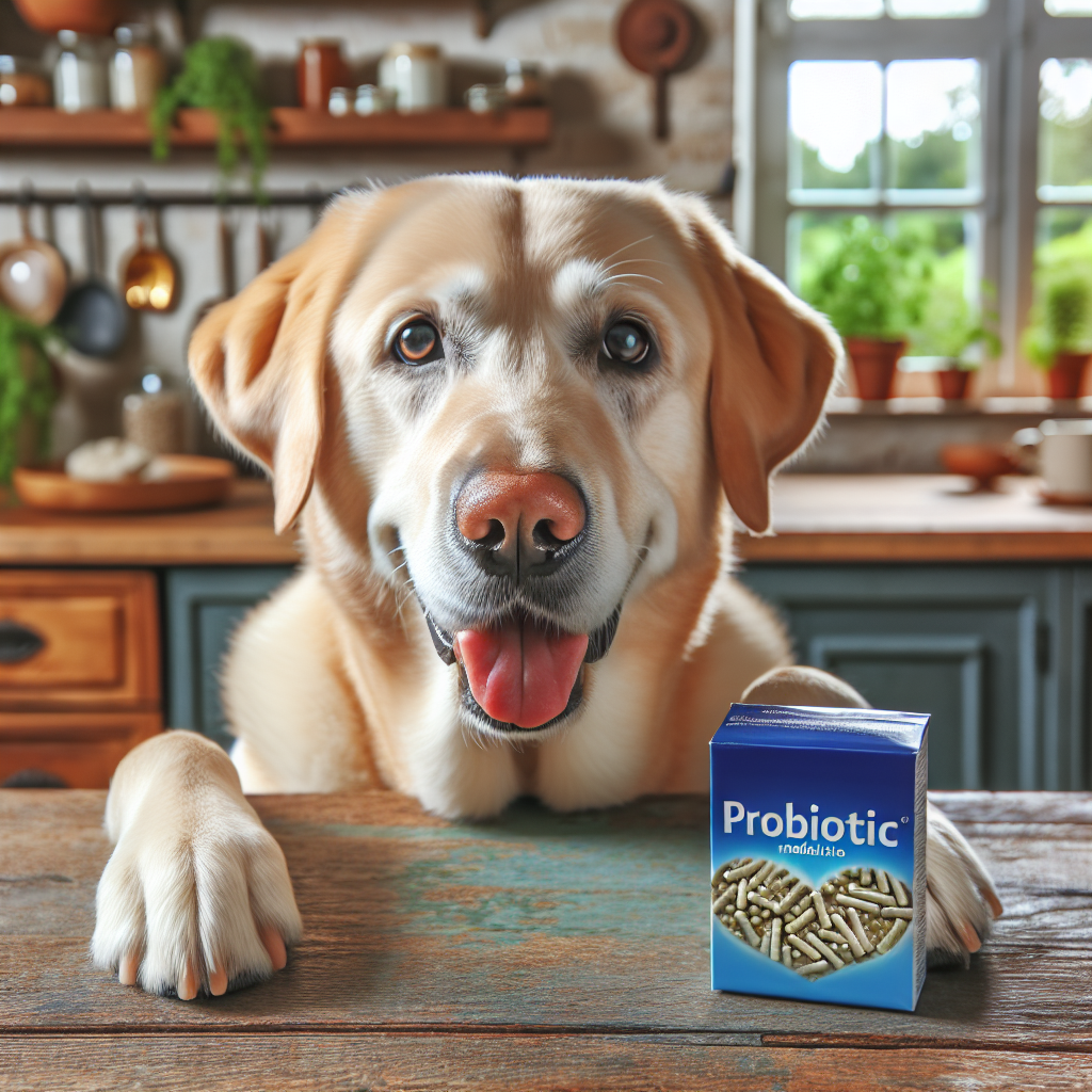 Un chien amical avec un paquet de médicament probiotique Ultra Levure montrant des souches de levures vivantes, sur un fond naturel et accueillant.