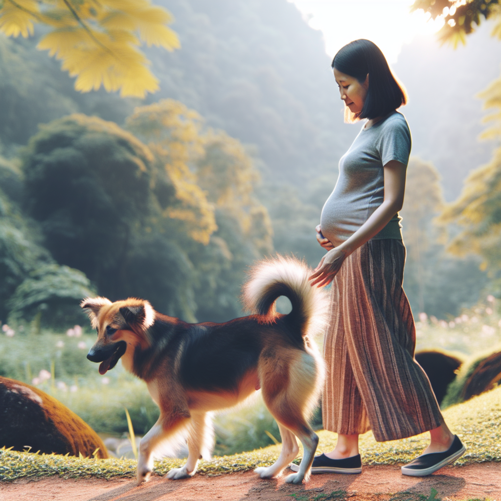 Une chienne enceinte marche calmement avec son propriétaire attentif, recevant parfois des caresses sur le ventre, dans un cadre extérieur serein.