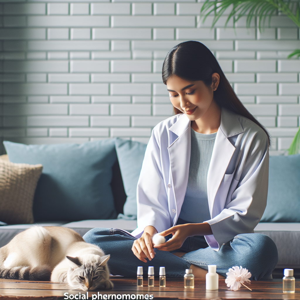 Un comportementaliste animalier calme un chat en utilisant des techniques et des outils professionnels, créant une atmosphère apaisante.