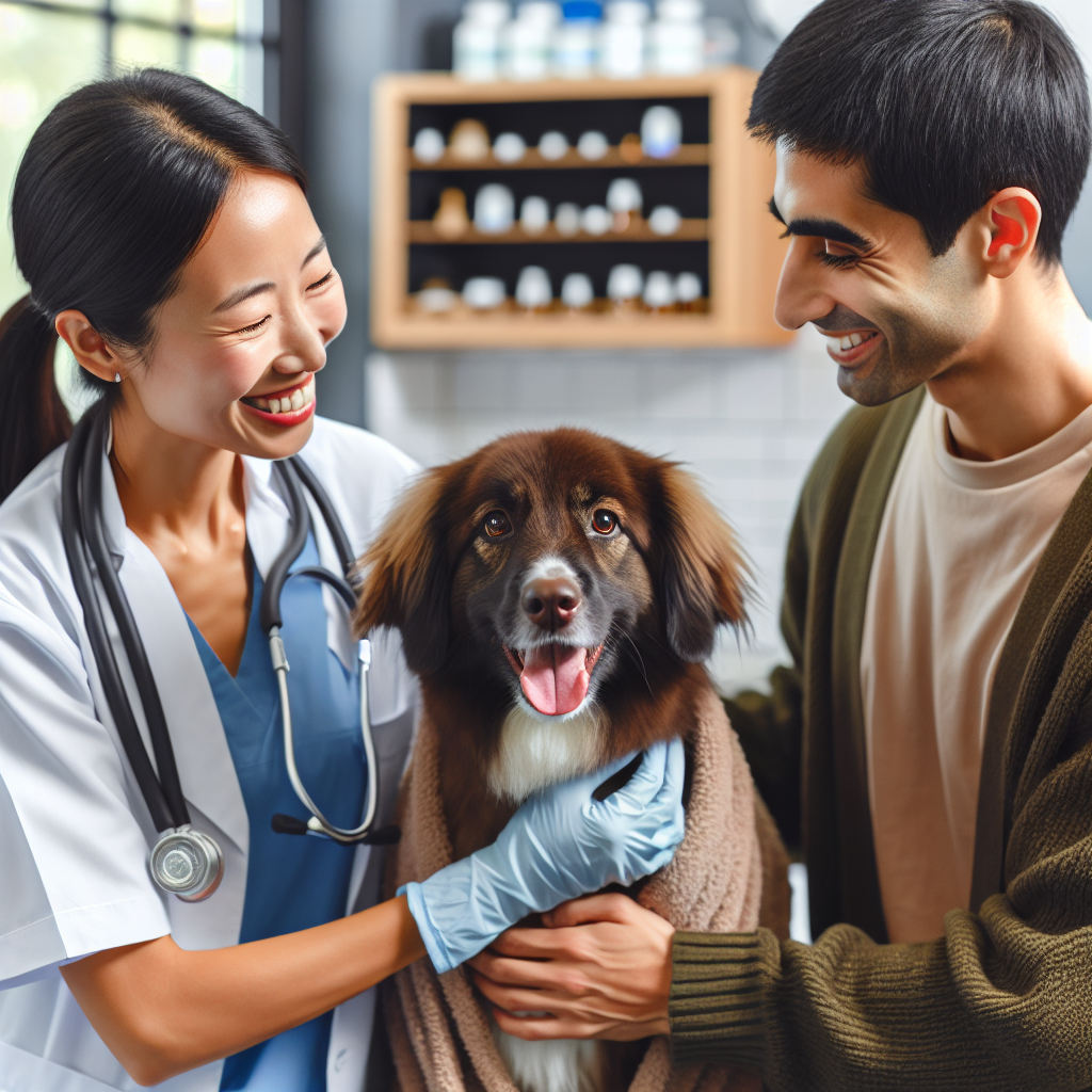 Un vétérinaire amical et un soignant pour chien interagissent avec un chien heureux dans une clinique vétérinaire confortable.