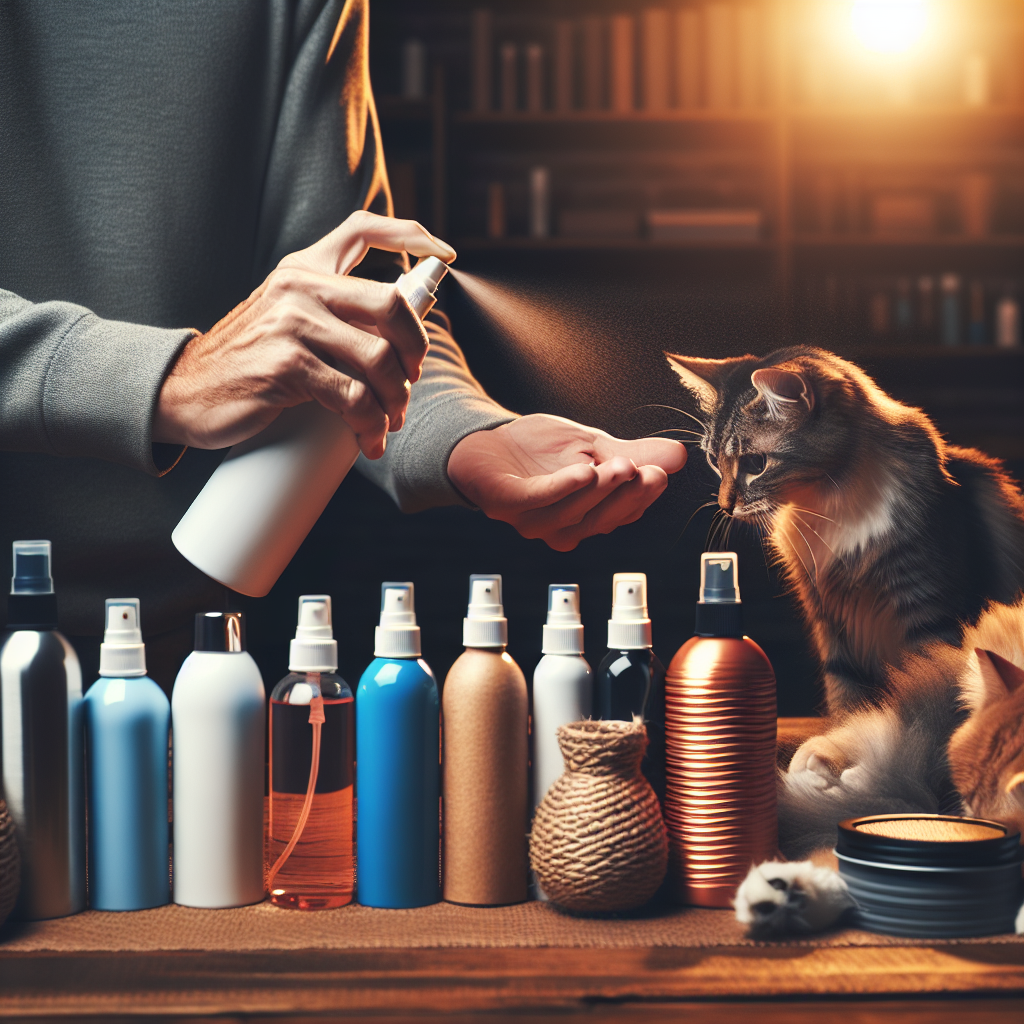 Un chat tente de lécher sa fourrure mais recule à cause du goût amer du spray appliqué par une personne, divers sprays et crèmes sont posés sur une table dans un environnement domestique.