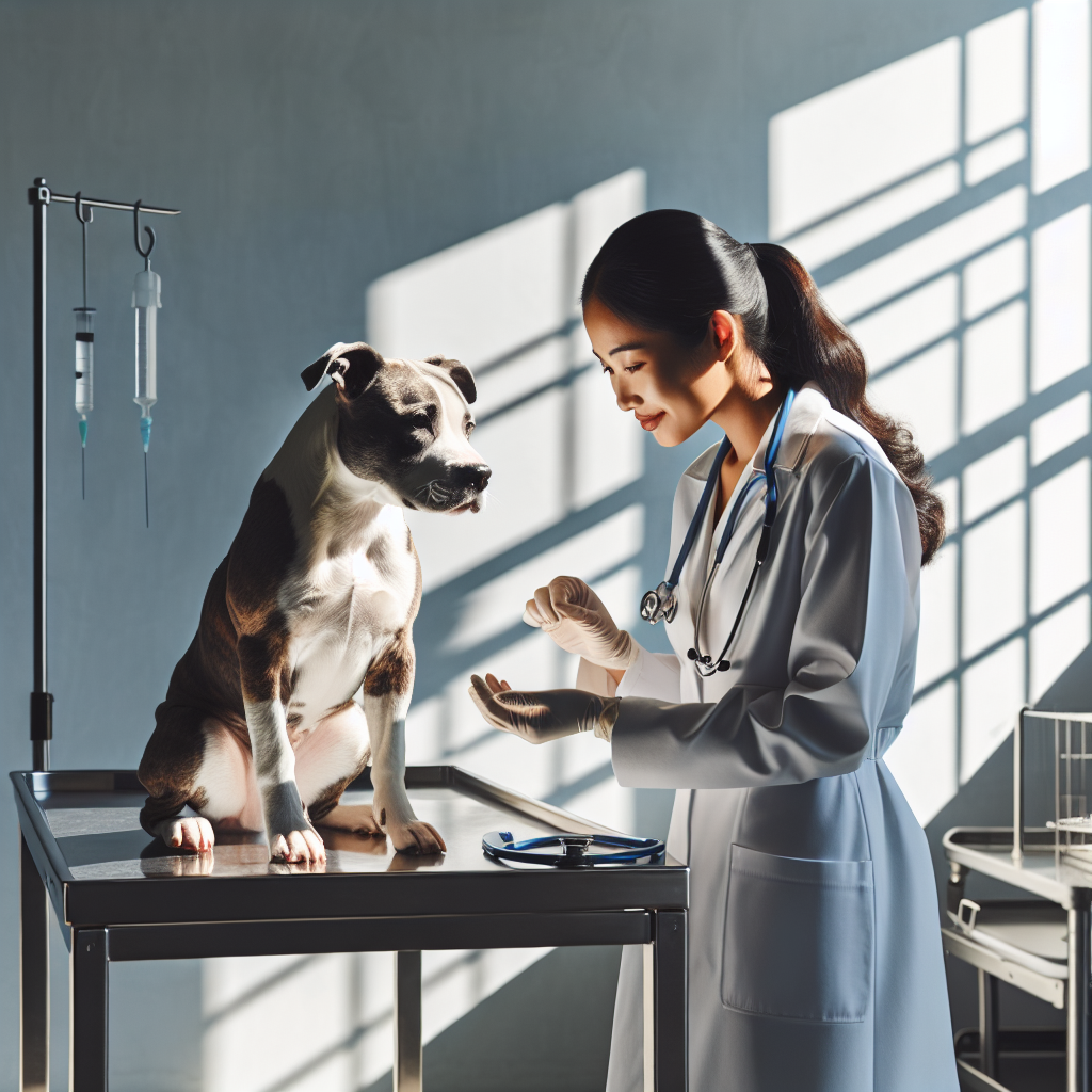 Un vétérinaire effectuant une évaluation comportementale sur un American Staffordshire Terrier