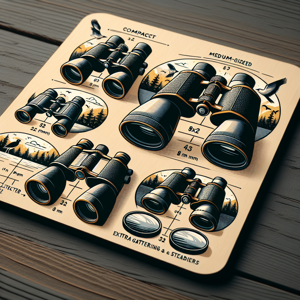 Illustration de trois types de jumelles : jumelles compactes, de taille moyenne et pleine grandeur, placées en extérieur.