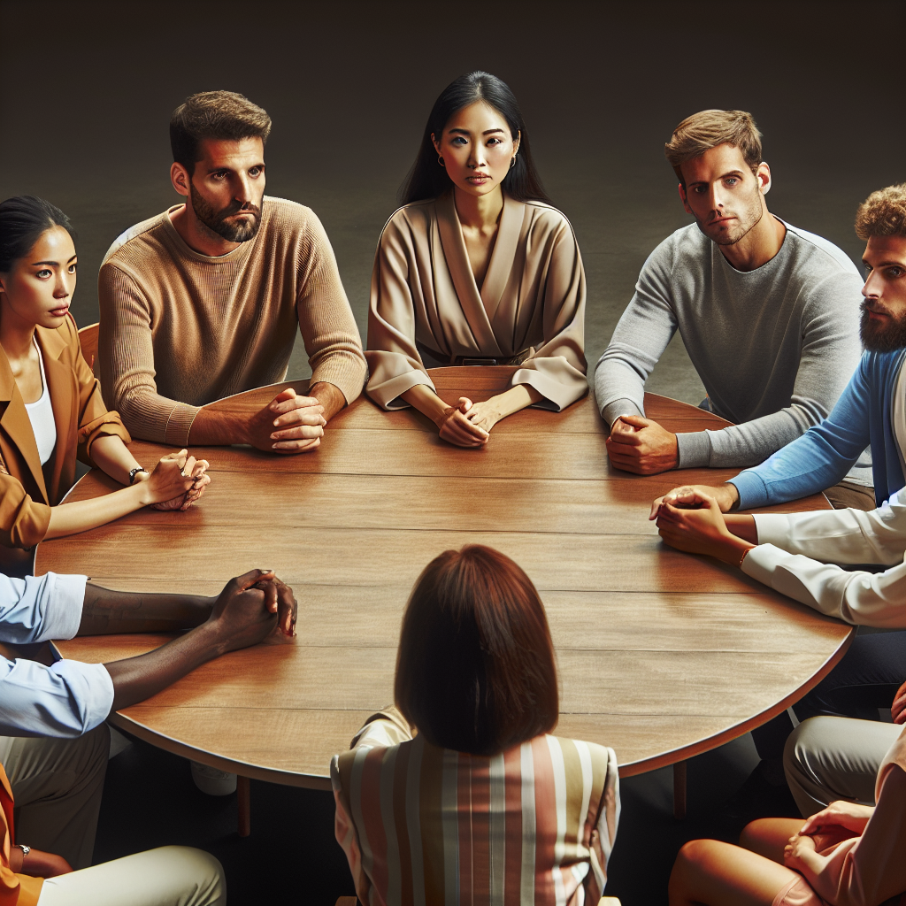 Un groupe de personnes assis autour d'une table, ayant une discussion sérieuse avec un médiateur neutre guidant la conversation.