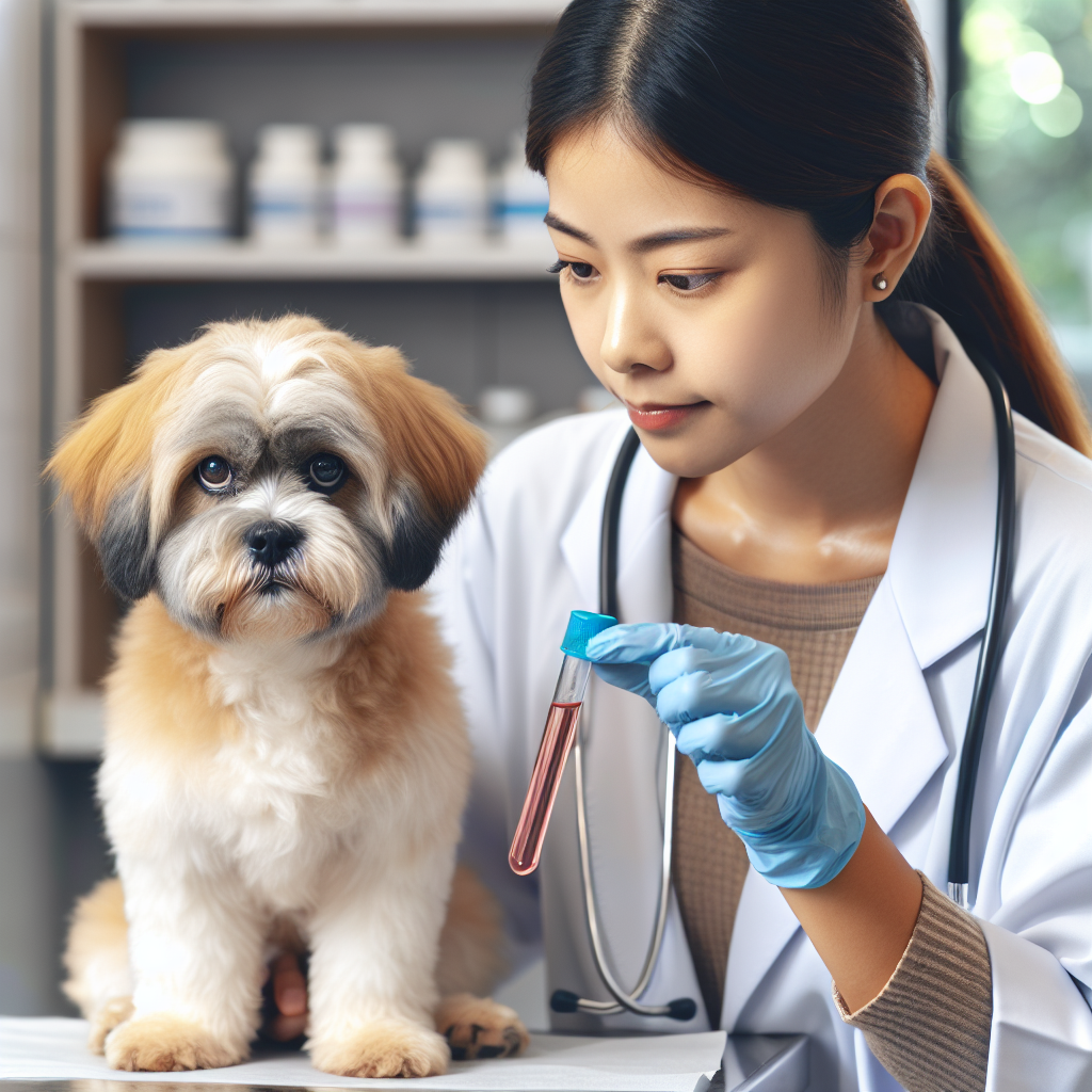 Un chien devant une clinique vétérinaire avec le vétérinaire examinant un échantillon d'urine.