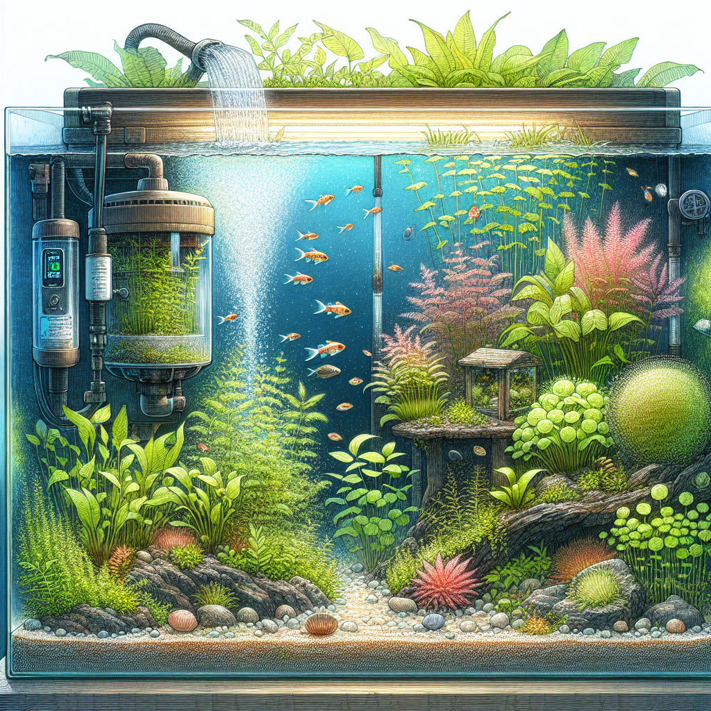 Un aquarium bien entretenu avec de l'eau claire, montrant un filtre mécanique et des plantes aquatiques flottantes comme la lentille d'eau et le Ceratophyllum pour une bonne oxygénation.