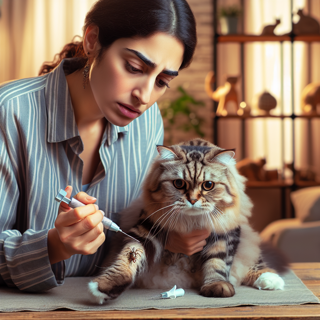 Une personne enlevant délicatement une tique sur un chat agressif à l'aide d'un outil spécial pour les tiques.