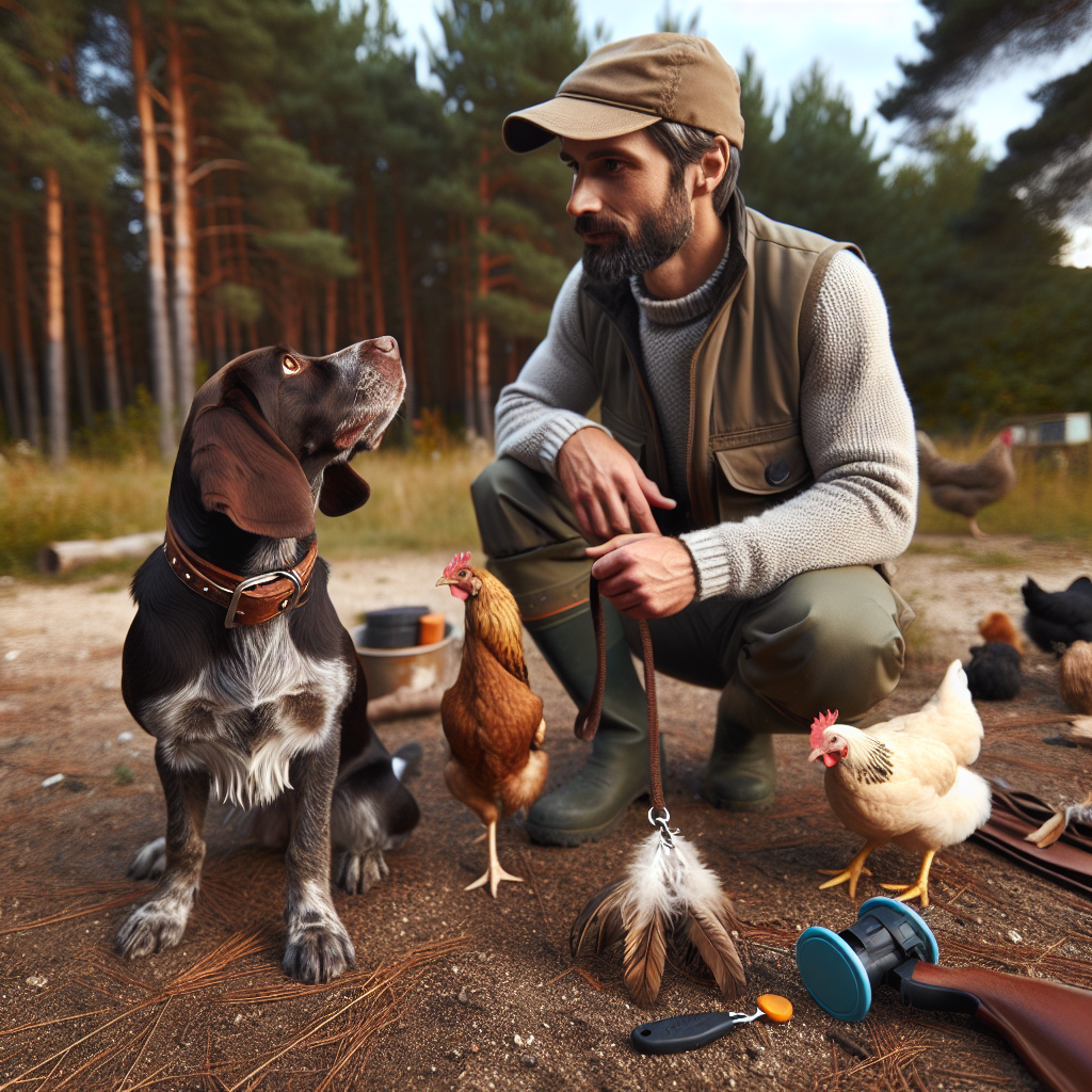 Un chien de chasse en train d'interagir avec une poule dans un environnement sécurisé et contrôlé, avec un éducateur canin et des outils d'entraînement en arrière-plan, le tout dans un cadre naturel en plein air.