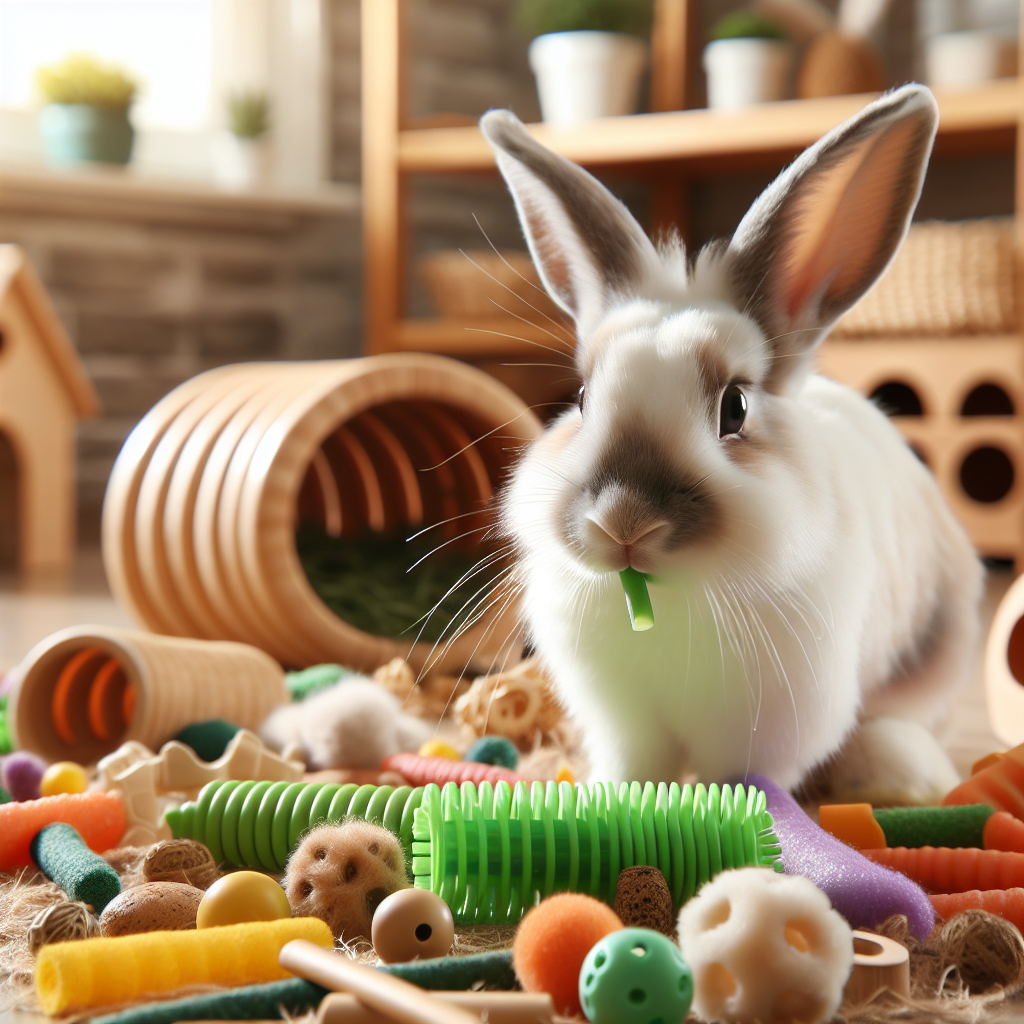 Un lapin dans un environnement enrichi avec des jouets à mâcher, des tunnels et des objets à fouiller. Le lapin semble joueur et engagé, montrant un habitat sain et stimulant.