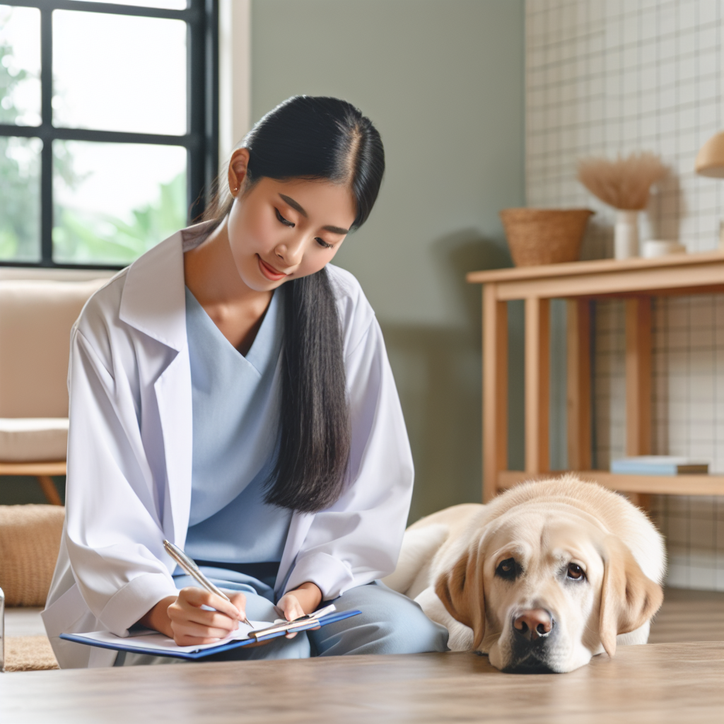 Un comportementaliste animalier évaluant un chien calme, possibly un Labrador, dans un cadre domestique. Le comportementaliste prend des notes et observe le comportement du chien, dans une atmosphère chaleureuse et rassurante.