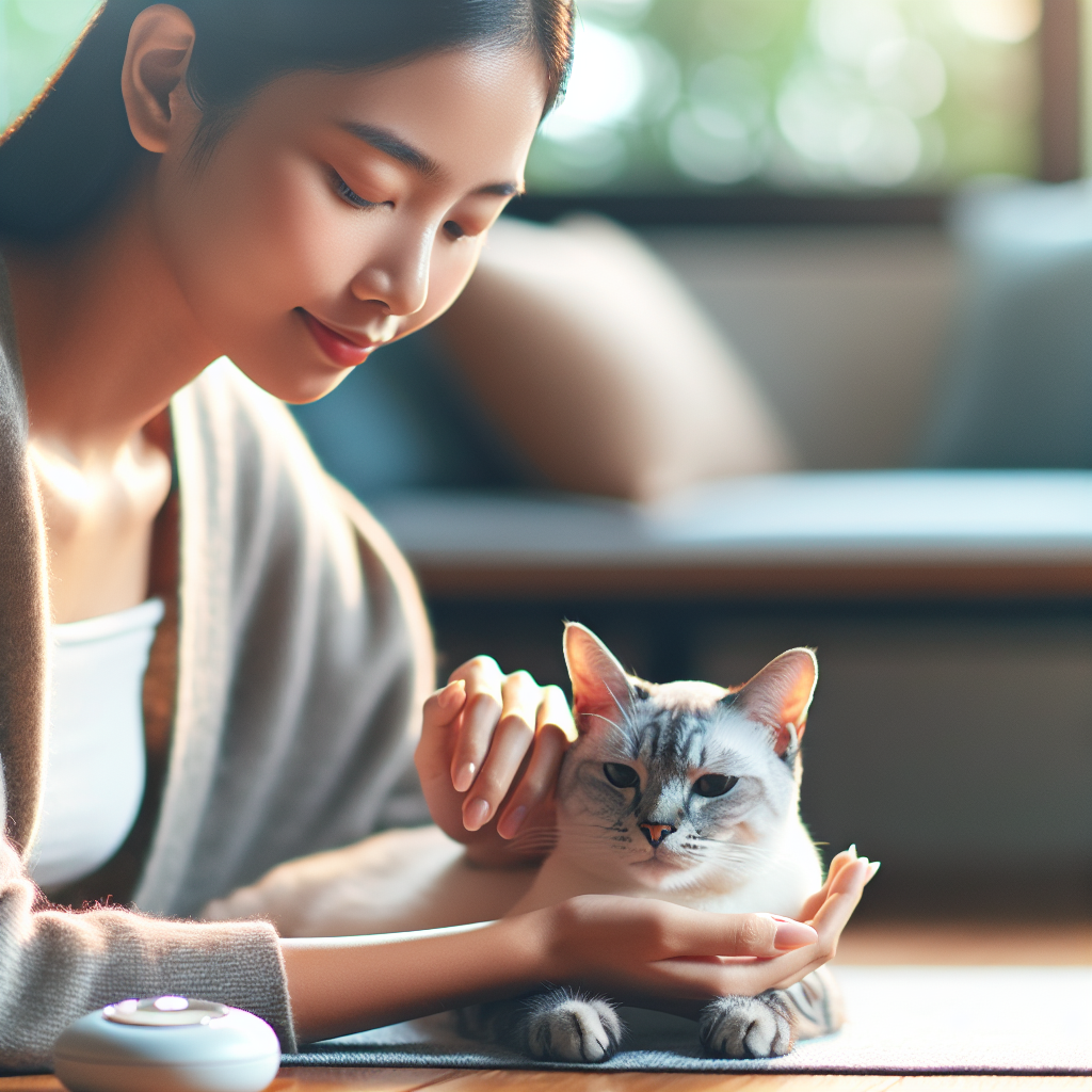 Une personne caressant doucement un chat détendu, évitant d'utiliser les mains comme jouets. Le cadre est intérieur et paisible avec une lumière chaleureuse. Le chat a l'air calme et content, sans signe d'agressivité ou de stress.