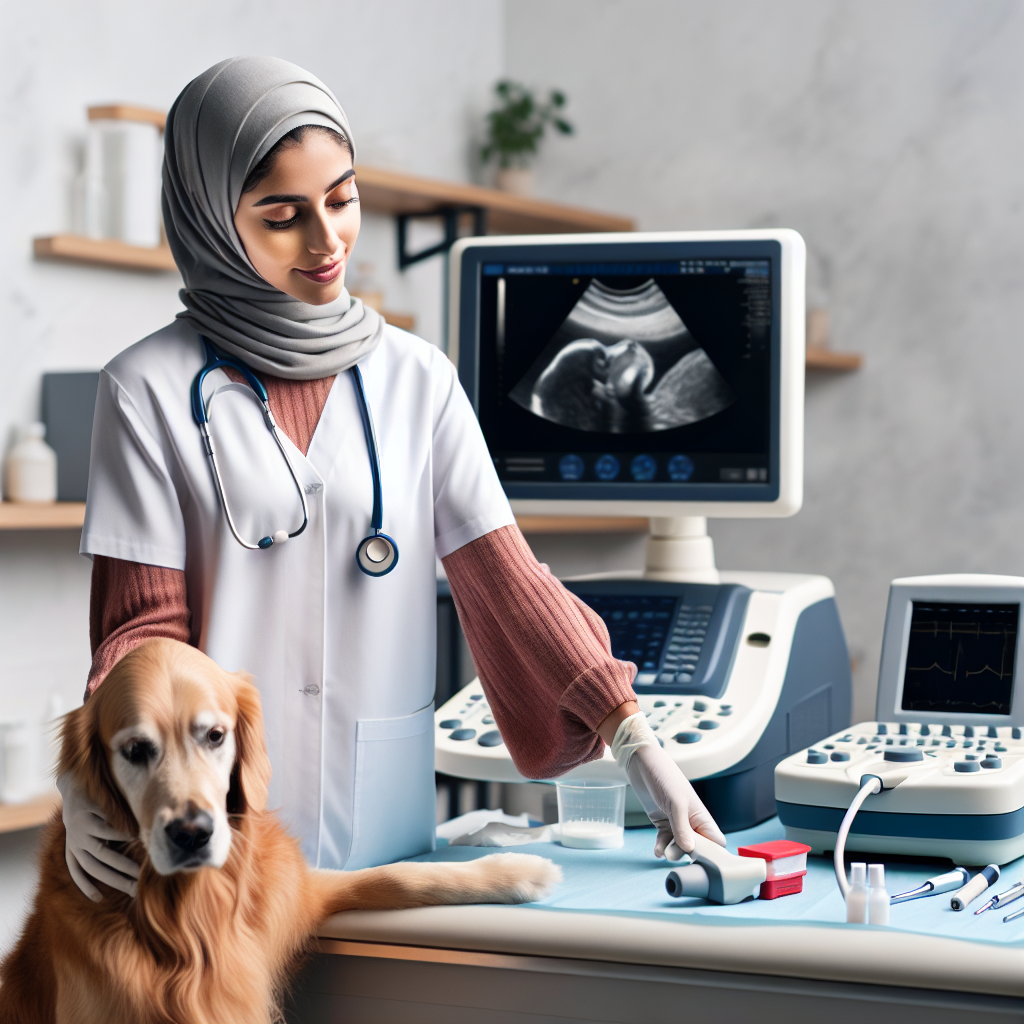 Un vétérinaire effectue un examen physique sur un chien, avec une machine à ultrasons et un kit de test d'urine visibles en arrière-plan.