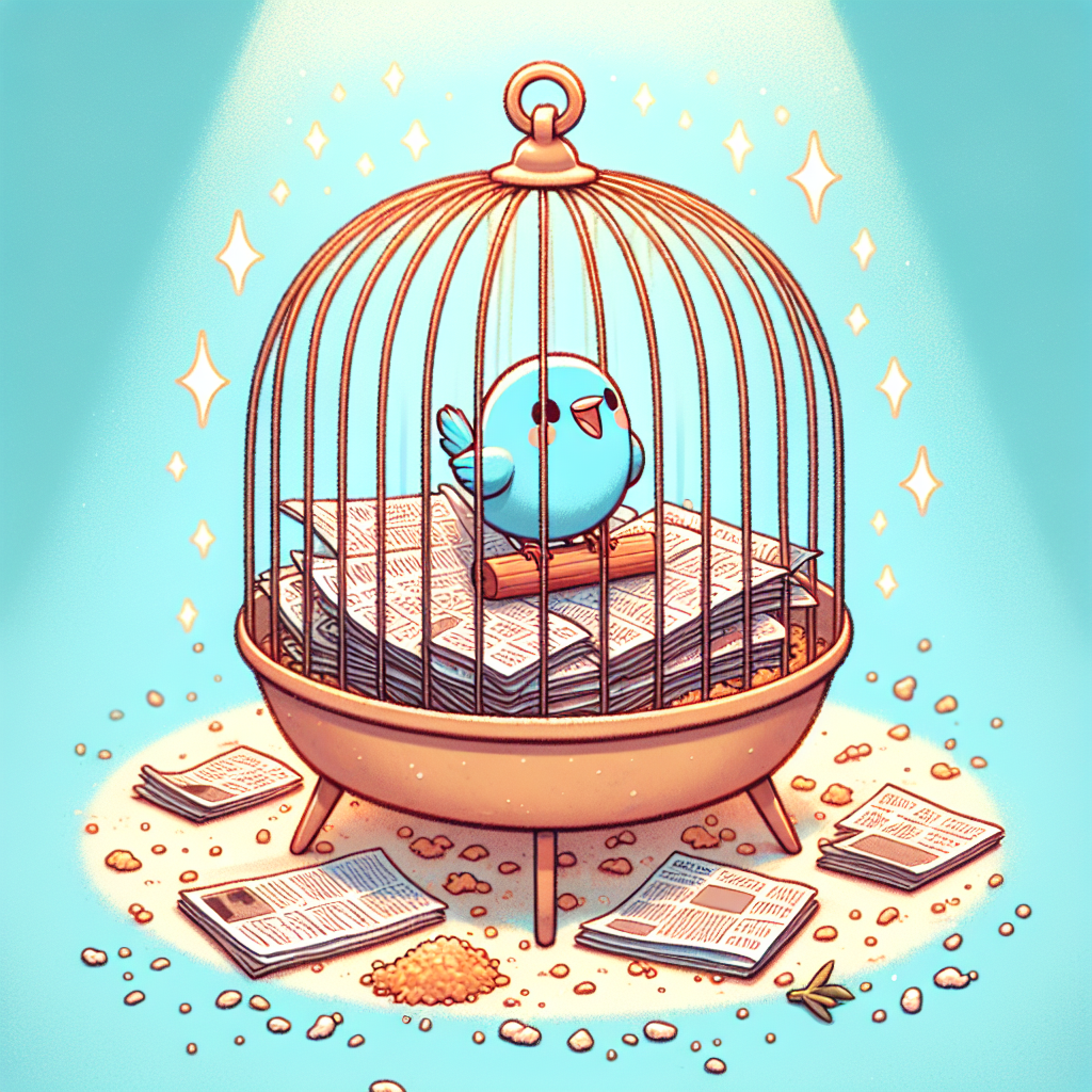 Un fond de cage à oiseau bien aménagé avec des journaux, du sable et des copeaux de bois.