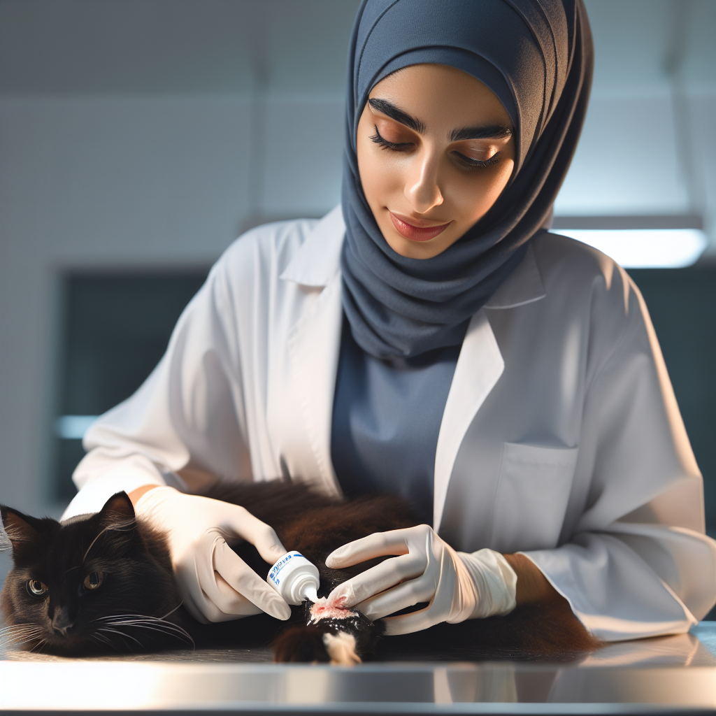 Un vétérinaire appliquant délicatement de la Fucidine sur une plaie de chat, dans un environnement propre et professionnel.