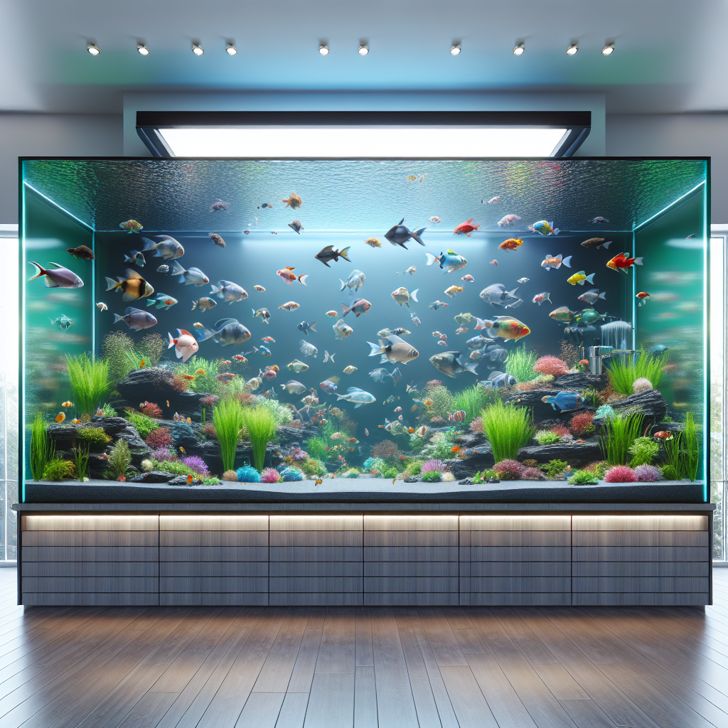 Un grand aquarium propre avec des poissons vibrants et en bonne santé nageant joyeusement. L'aquarium semble avoir une capacité d'au moins 60 litres.