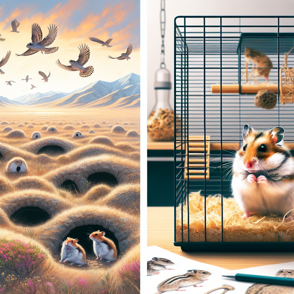 Un habitat naturel de hamsters sauvages dans une steppe avec des terriers et de la végétation, juxtaposé avec un hamster domestique dans une cage bien équipée.