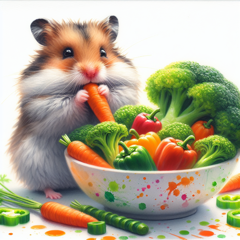 Un hamster mangeant des légumes frais dans un bol coloré