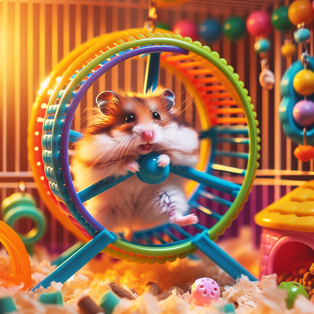 Un hamster adorable courant dans une roue d'exercice colorée dans une cage bien décorée.