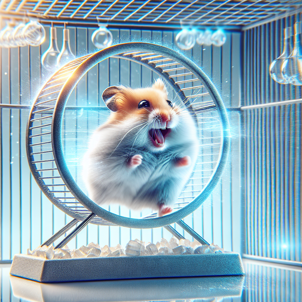 Un hamster en bonne santé courant activement dans une roue dans sa cage, montrant à la fois de la vigueur physique et une stimulation mentale. L'environnement est propre et sûr, et le hamster semble heureux et énergique.