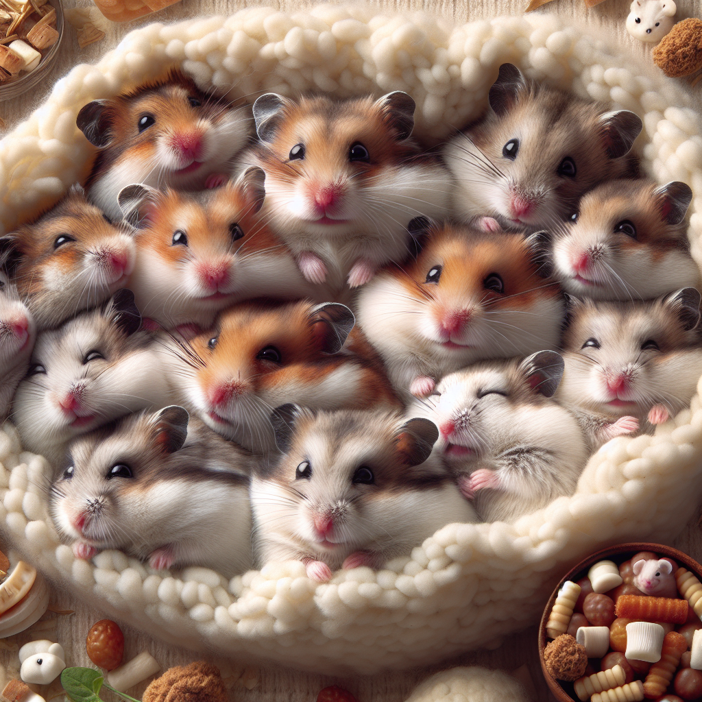 Un groupe de hamsters dans un nid douillet, certains éveillés et d'autres paraissant léthargiques comme en hibernation.