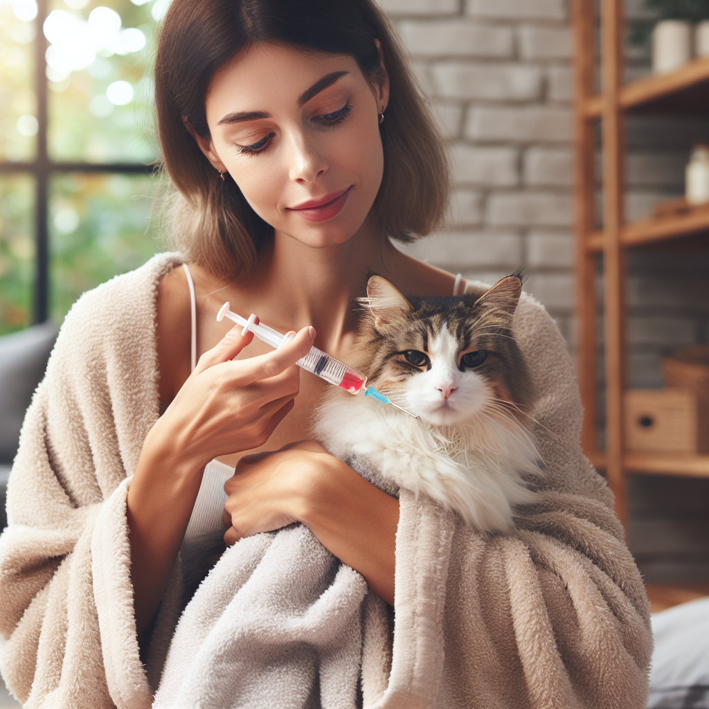 Un chat enveloppé dans une serviette est hydraté avec une seringue par une personne dans un environnement calme et rassurant.