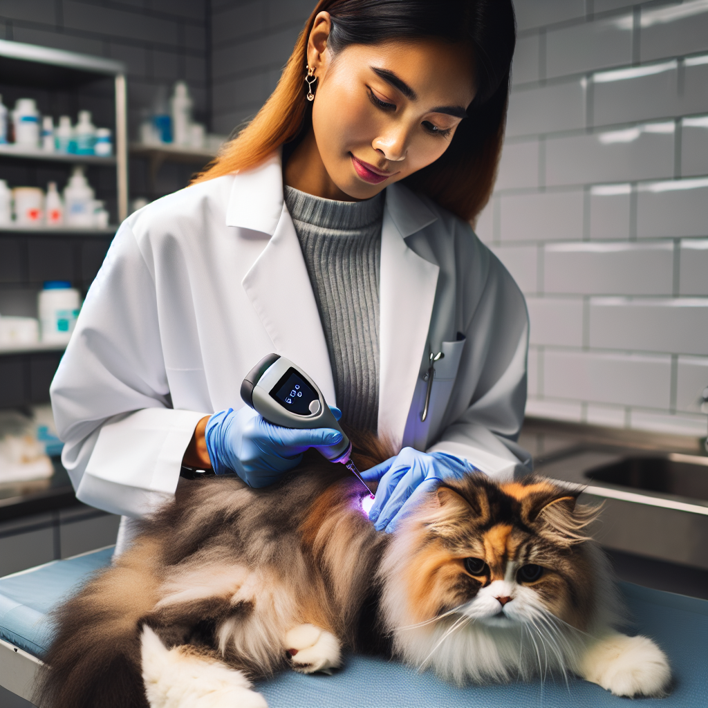 Un chat moelleux avec une puce électronique implantée par un vétérinaire à l'aide d'un petit scanner, avec une clinique vétérinaire en arrière-plan.