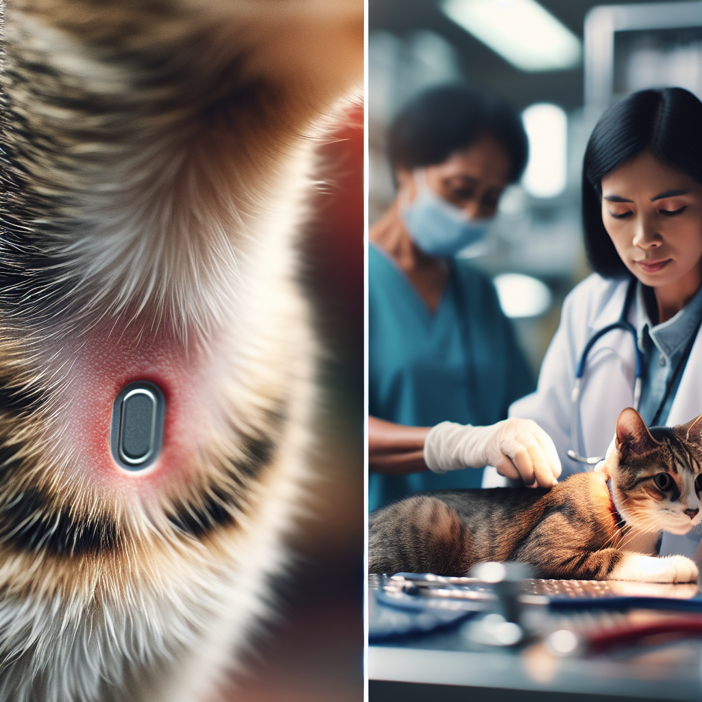 Vue rapprochée du cou d'un chat avec une puce RFID implantée causant une légère inflammation. Un scénario illustré montre un vétérinaire examinant doucement le chat.