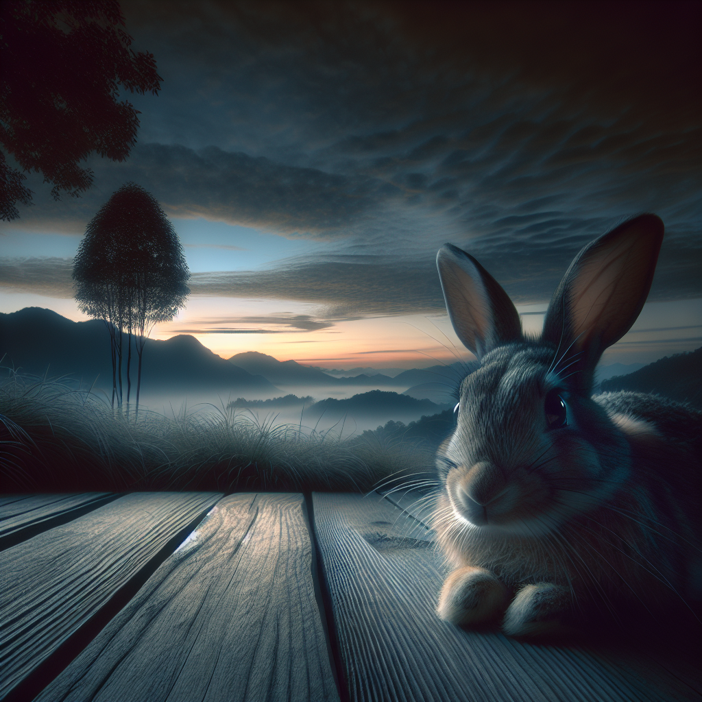 Un lapin actif au crépuscule, se déplaçant dans un environnement naturel avec une lumière tamisée.