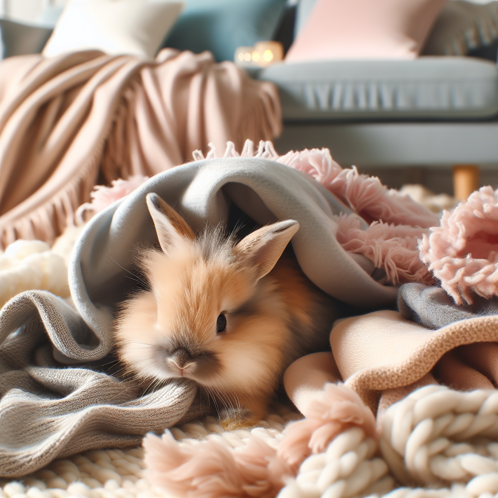 Un lapin creuse dans une couverture a l'interieur pour exprimer son comportement naturel de terrier.