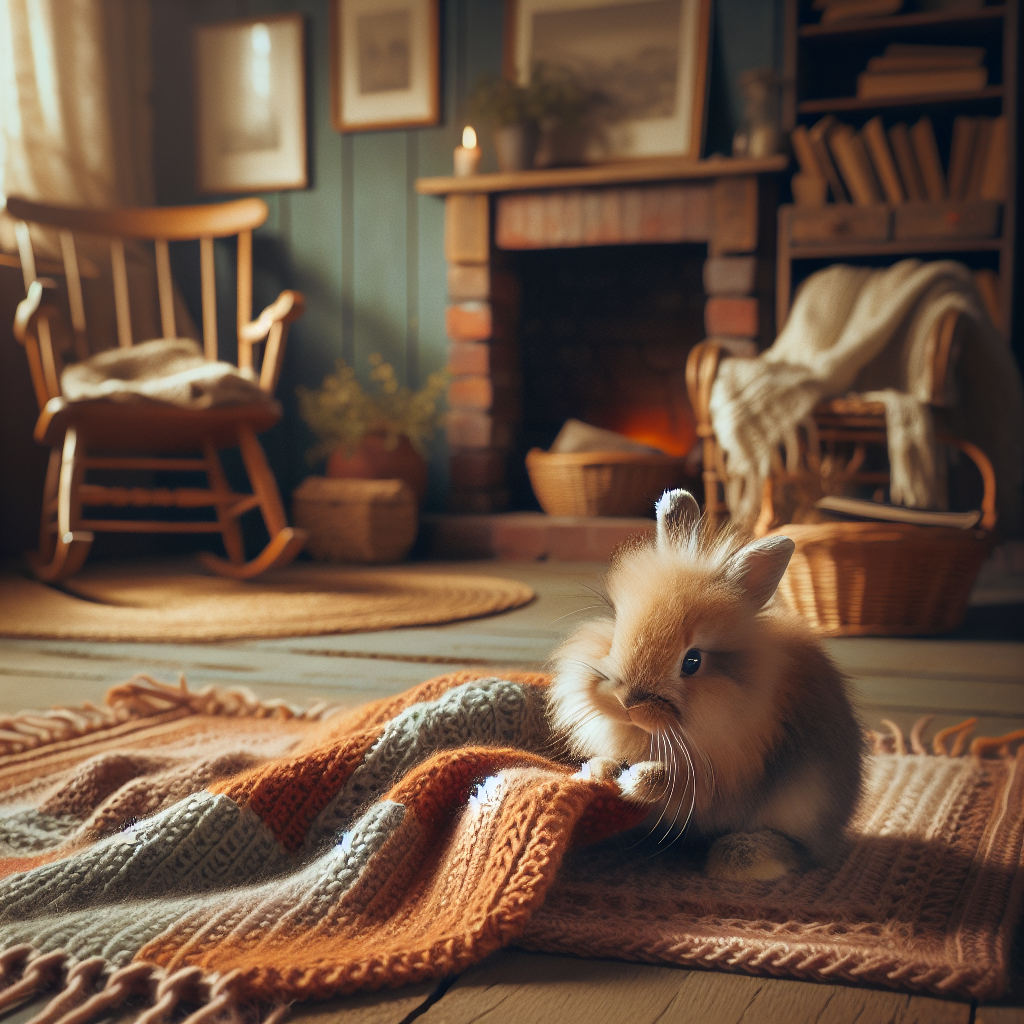 Un lapin grattant une couverture dans un cadre intérieur chaleureux.