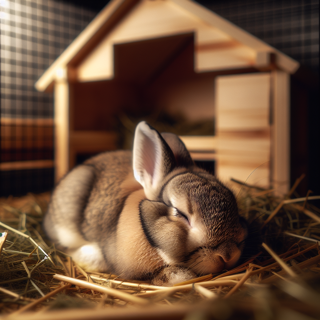 Un lapin nain dormant confortablement sur un lit de foin dans un enclos intérieur douillet.