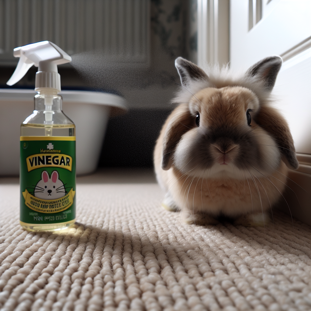 Un lapin étant dissuadé de retourner à un endroit spécifique avec un spray répulsif naturel fait maison à base de vinaigre, en intérieur près d'une litière.