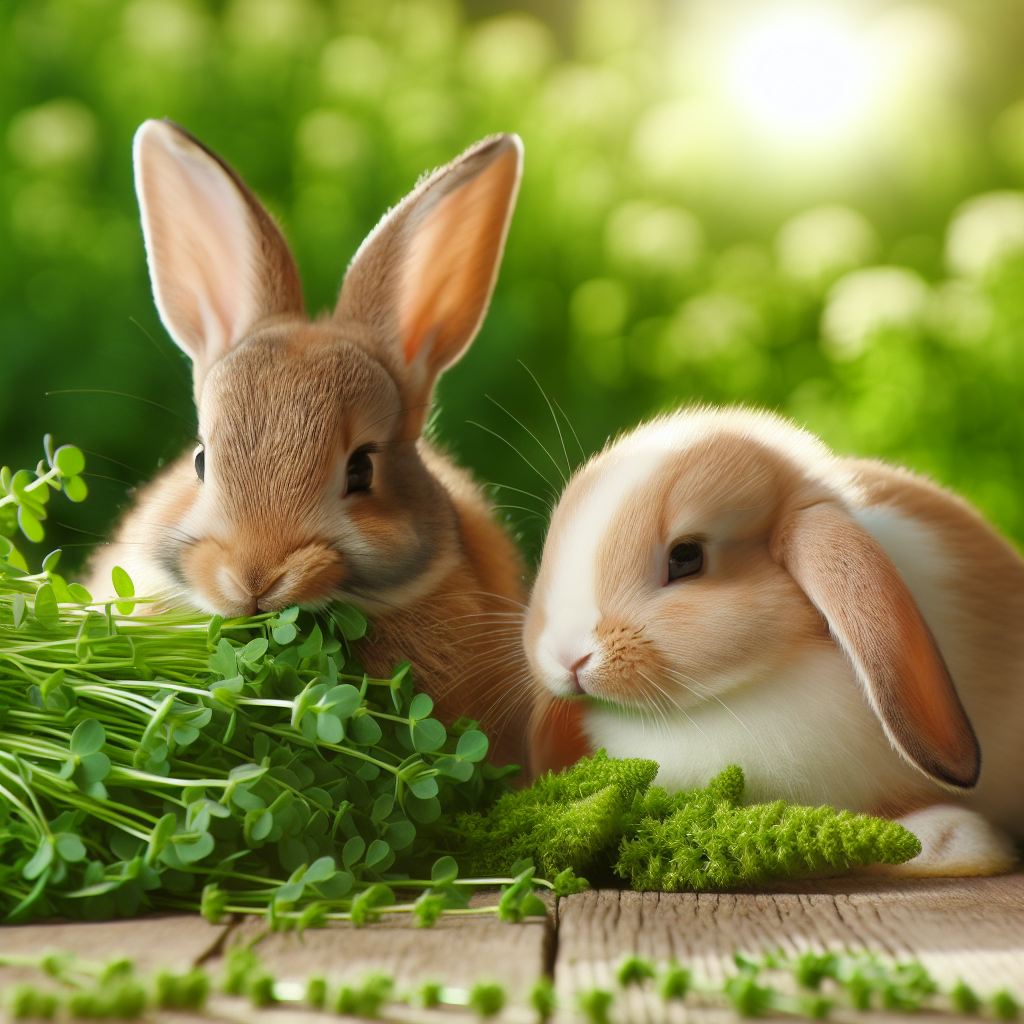 Jeune lapin et lapin en convalescence mangeant de la luzerne dans un cadre naturel paisible, mettant en valeur la verdure luxuriante de la luzerne.