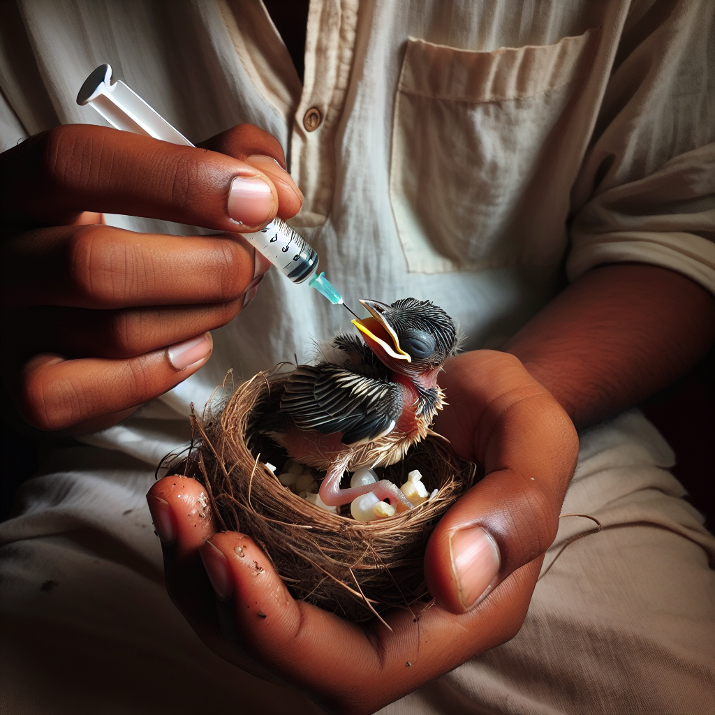 Un petit oiseau tombé du nid nourrit avec une seringue sans aiguille ou une pince épilée, dans un environnement sûr.