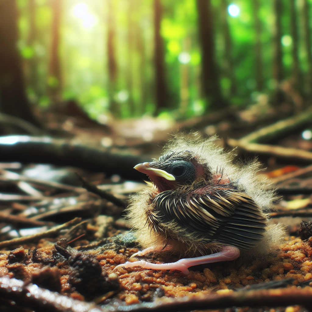 Un oisillon tombé sur la terre avec ses plumes ébouriffées, entouré de végétation et d'arbres.