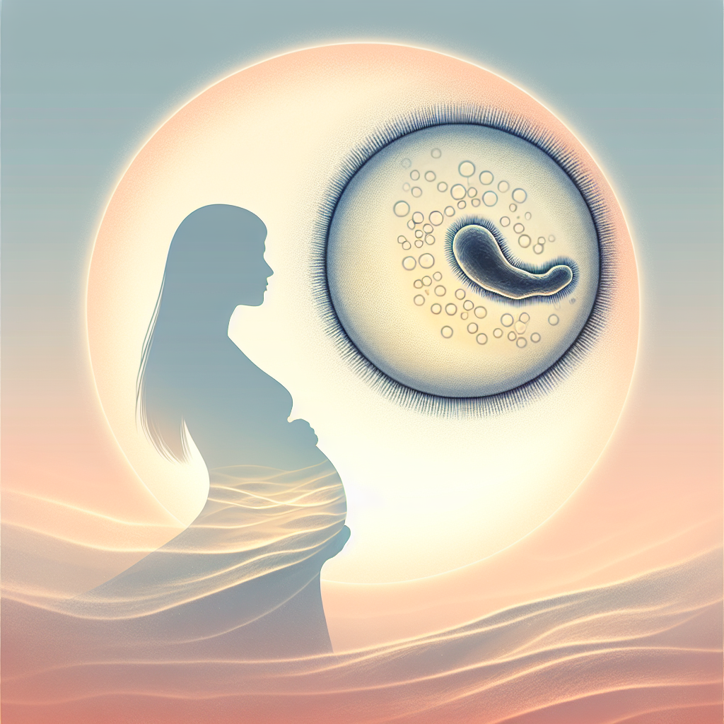 Illustration du parasite Toxoplasma gondii avec en fond une silhouette subtile d'une femme enceinte, symbolisant les risques pendant la grossesse.