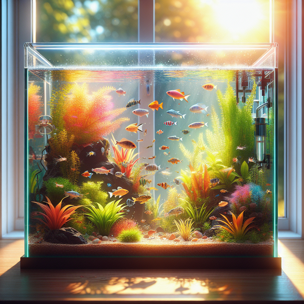 Un petit aquarium avec des poissons colorés et des plantes aquatiques