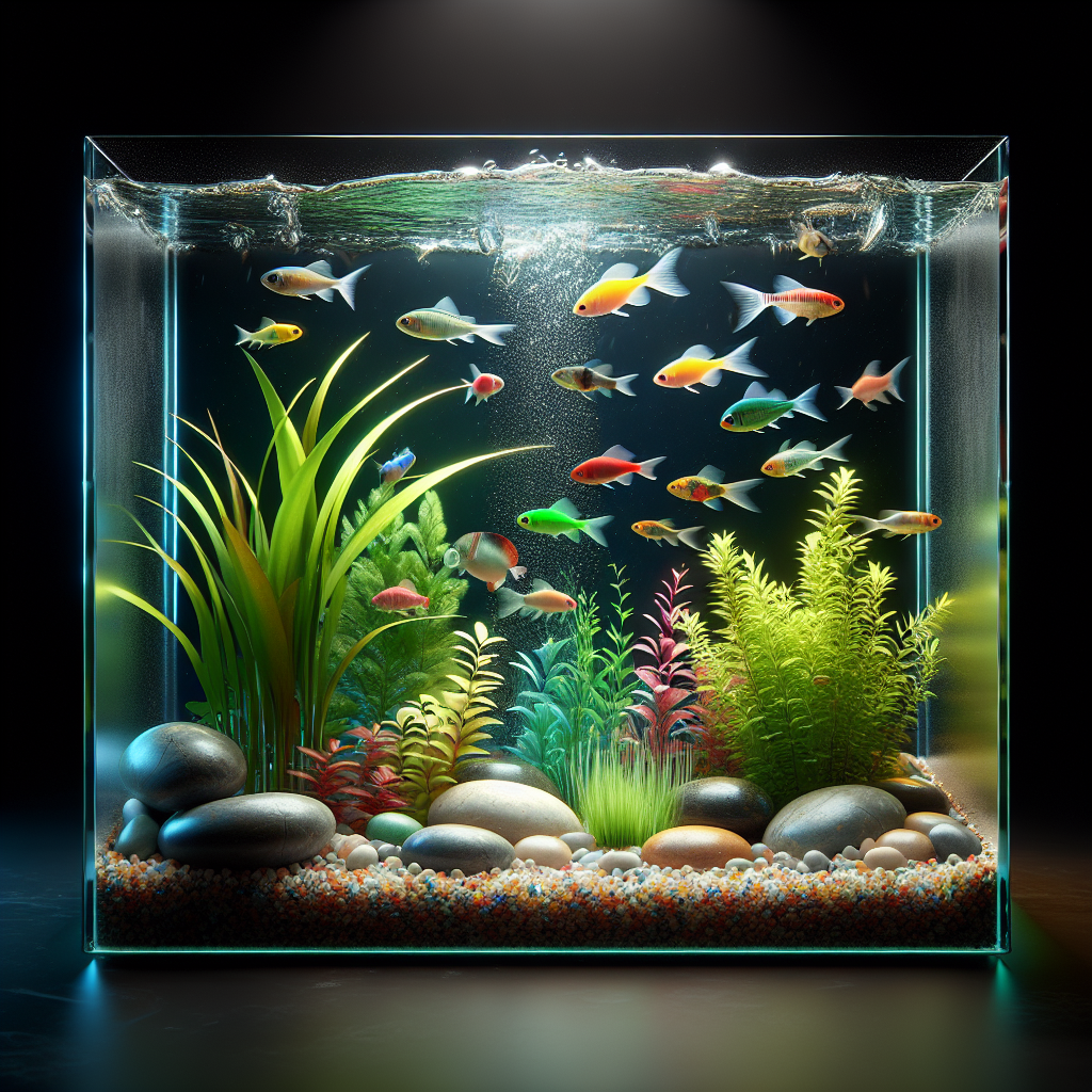 Un petit aquarium bien décoré avec des poissons colorés nageant à l'intérieur.