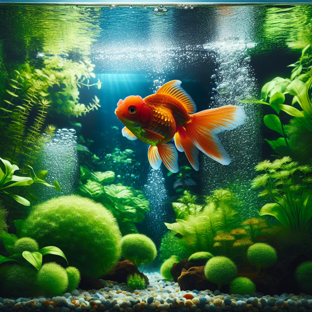 Un poisson rouge nageant dans un aquarium bien décoré avec des plantes et des cailloux