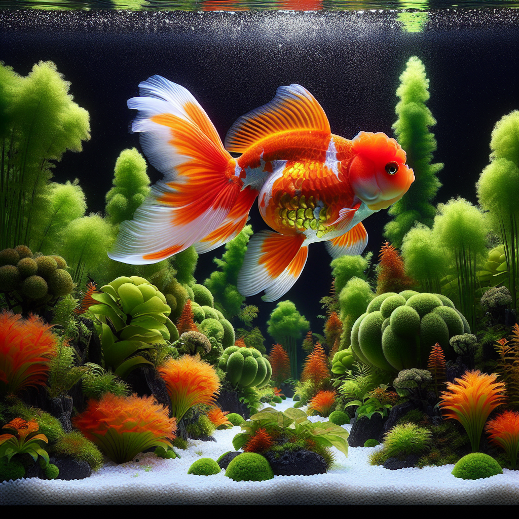 Un poisson rouge devenu blanc partiellement dans un aquarium propre et bien éclairé avec des plantes décoratives.