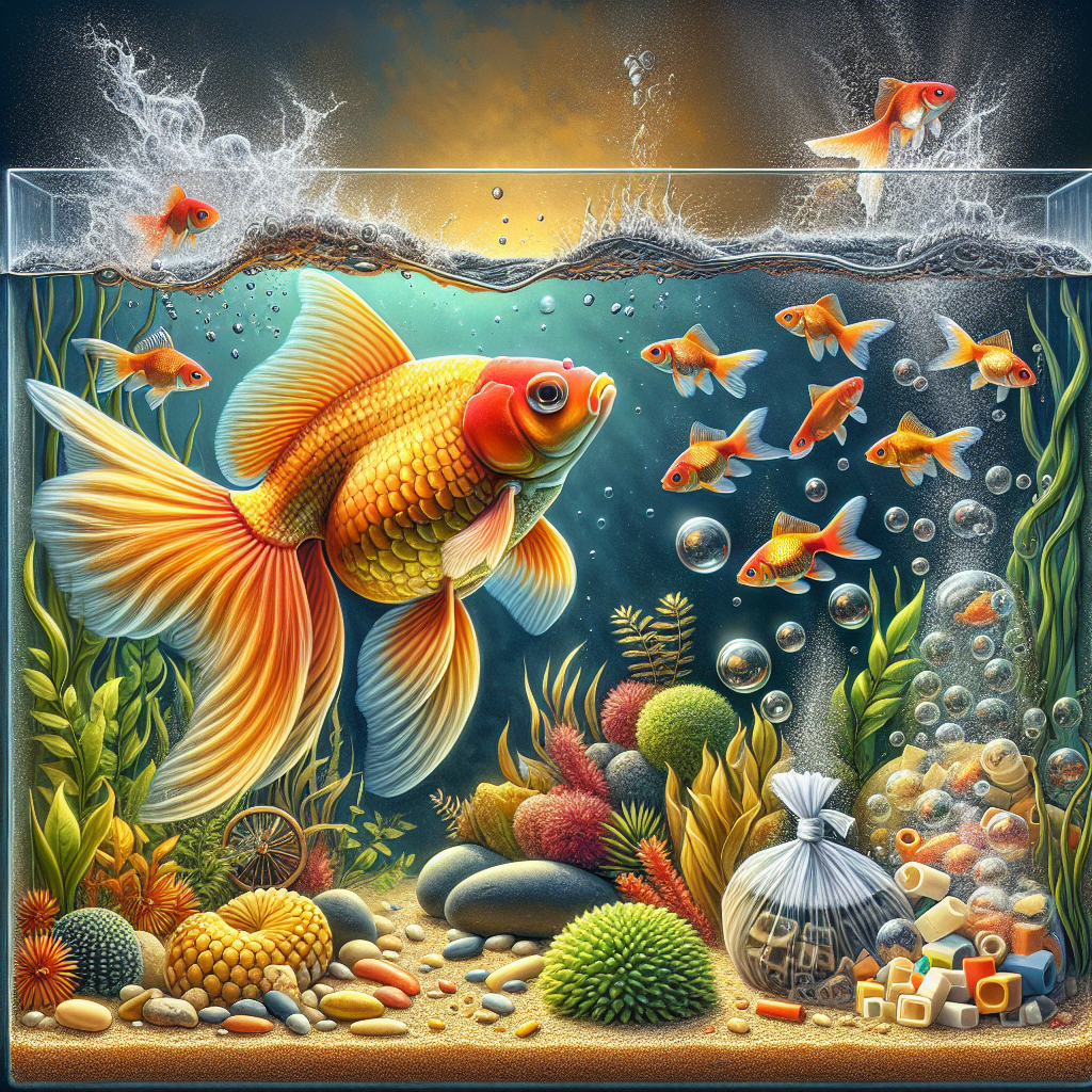 Scène d'un aquarium avec des poissons rouges nageant parmi des plantes et des rochers, sans éléments en plastique. Illustration des mythes sur la nourriture des poissons rouges, comme le poisson près de débris en plastique et un petit tas de déchets.