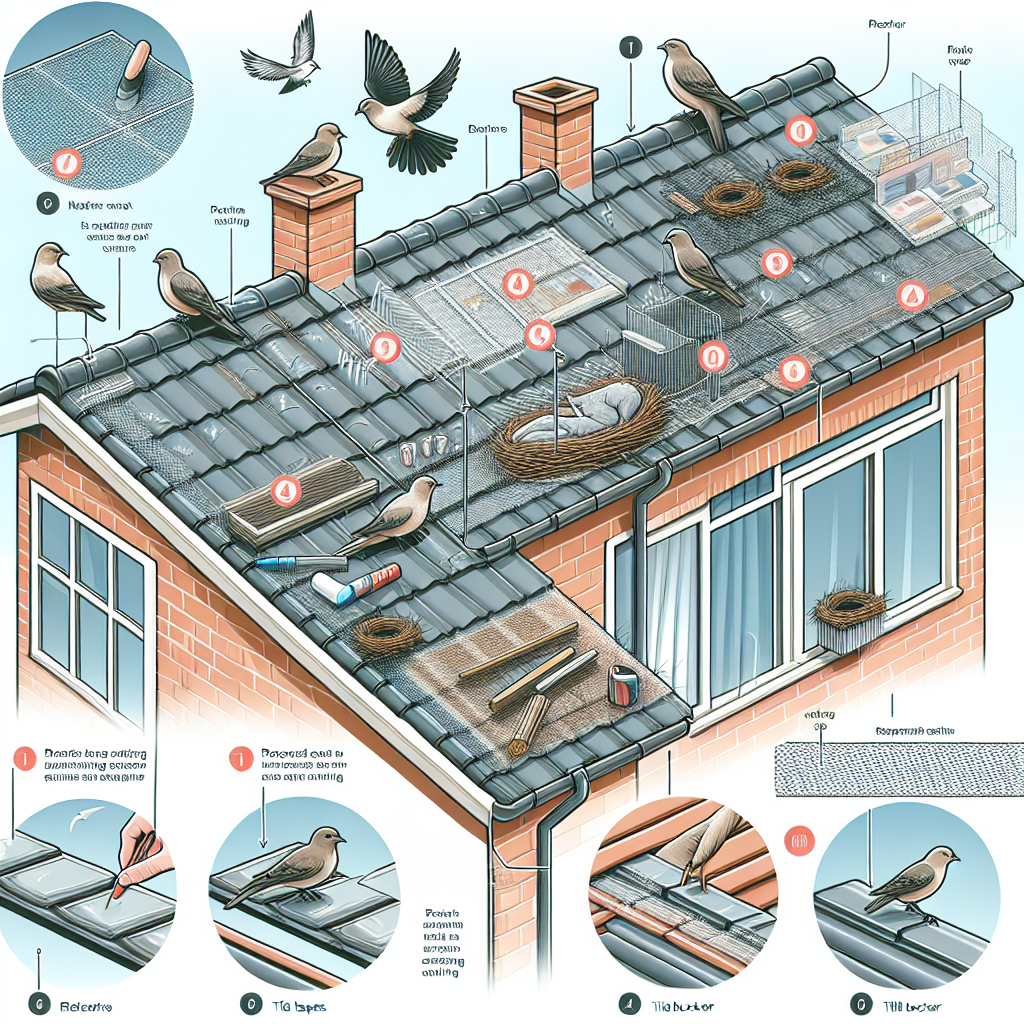 Illustration de différentes méthodes pour empêcher les oiseaux de nicher sous le toit