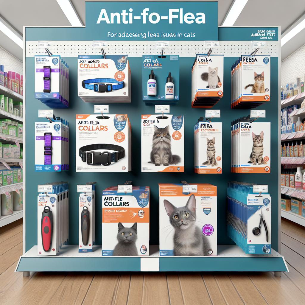 Une illustration réaliste montrant une variété de colliers et pipettes anti-puces pour chats dans une section d'un magasin pour soins des animaux, avec différents modèles et marques bien présentés.