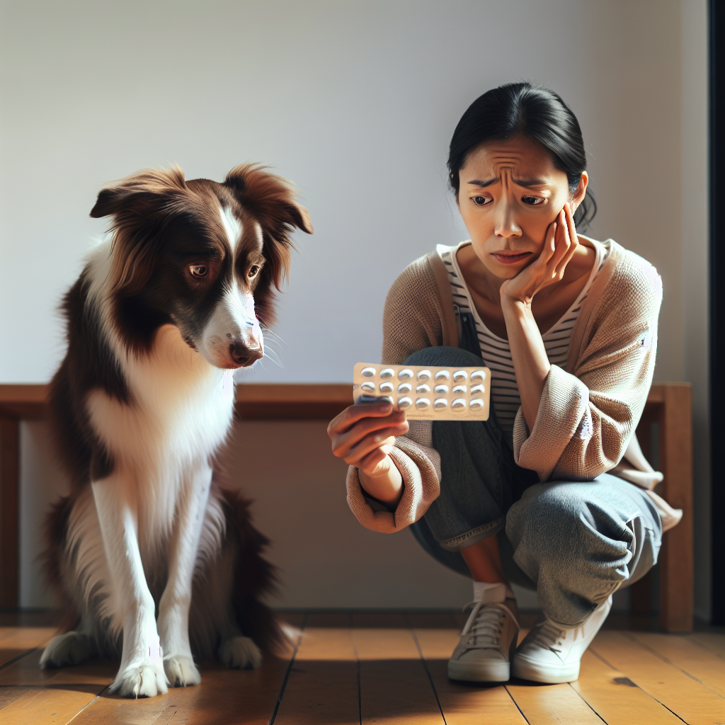 Un propriétaire de chien inquiet tenant un paquet de Doliprane 1000 à côté de son chien.