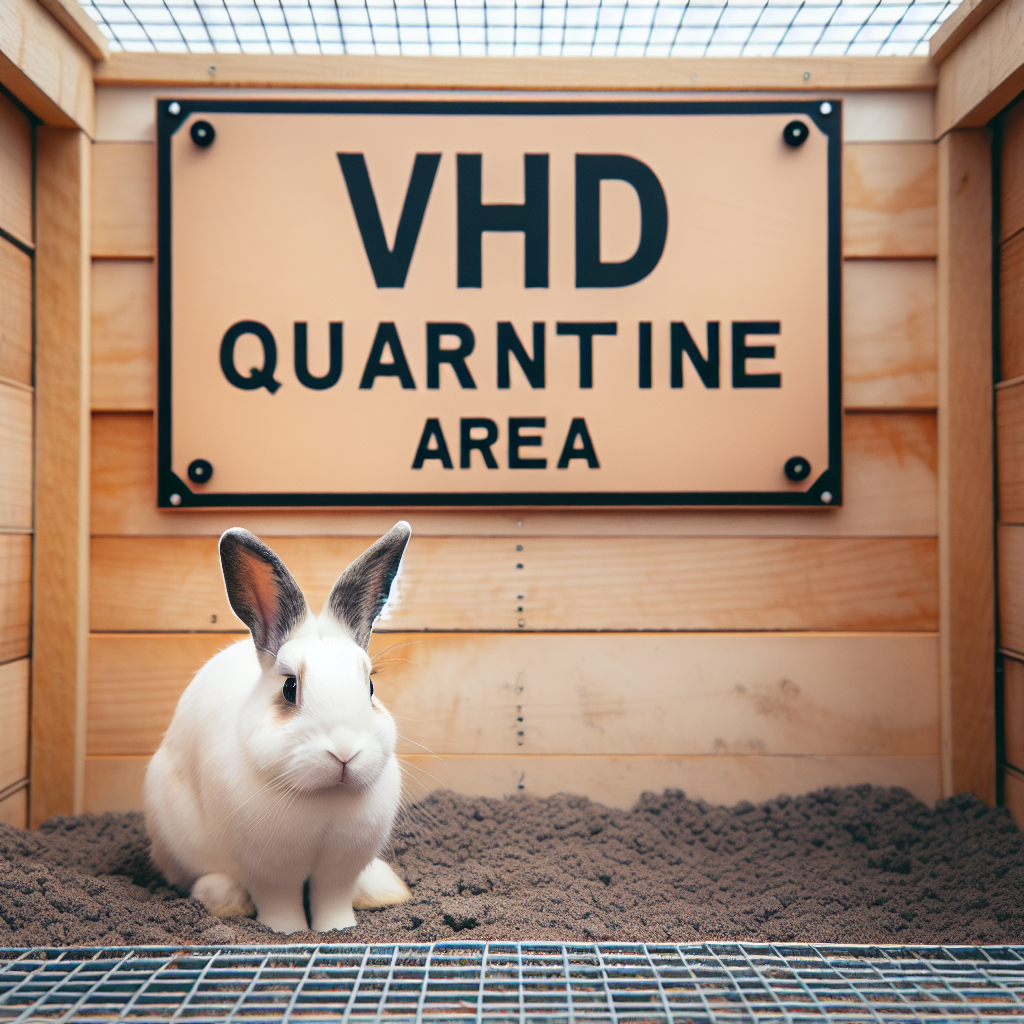 Lapin en quarantaine dans une zone dédiée du clapier avec un panneau indiquant 'Zone de quarantaine VHD'.