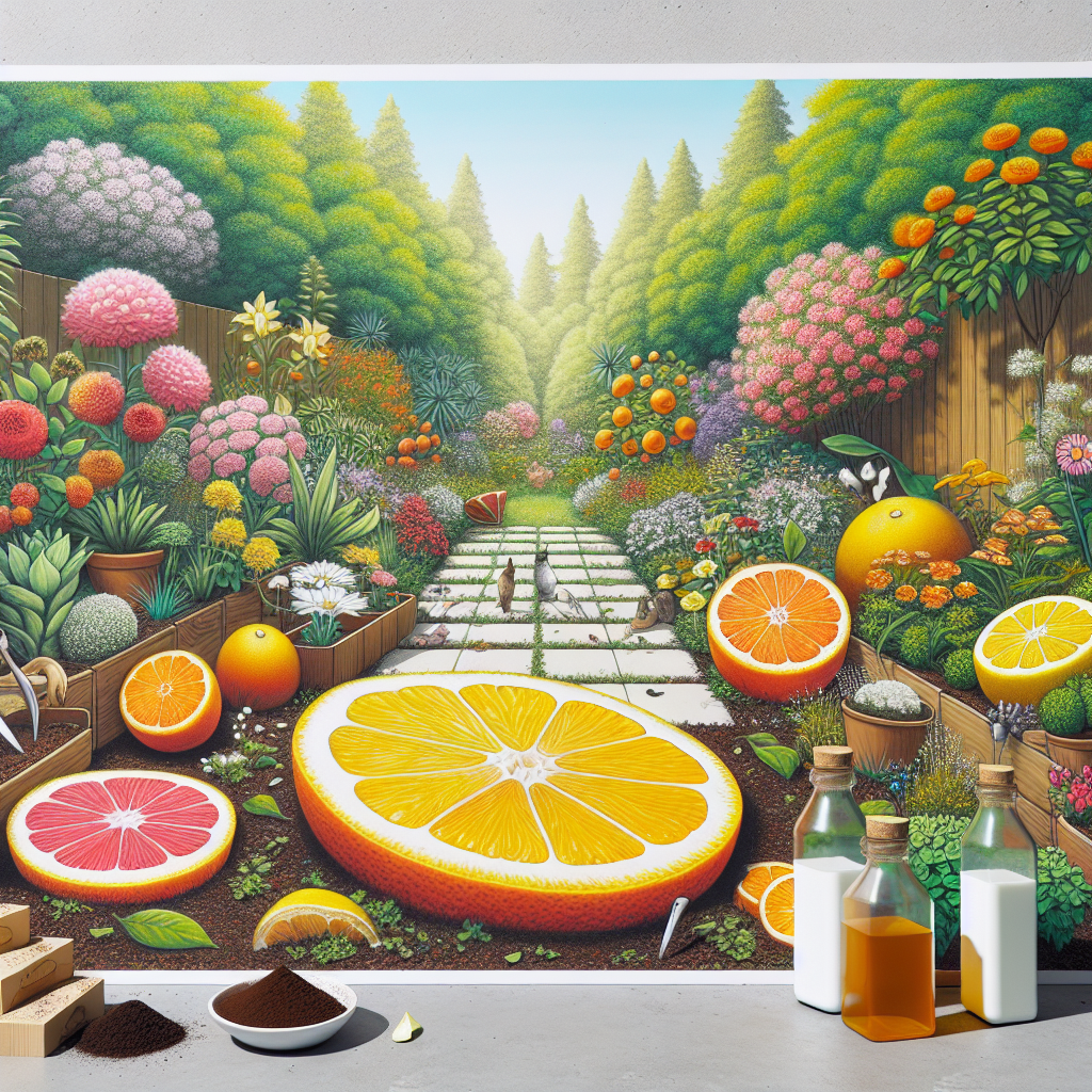 Un jardin avec des répulsifs naturels tels que des tranches de citron, des oranges, du vinaigre blanc et du marc de café placés stratégiquement pour éloigner les chats, sans aucun texte sur l'image.