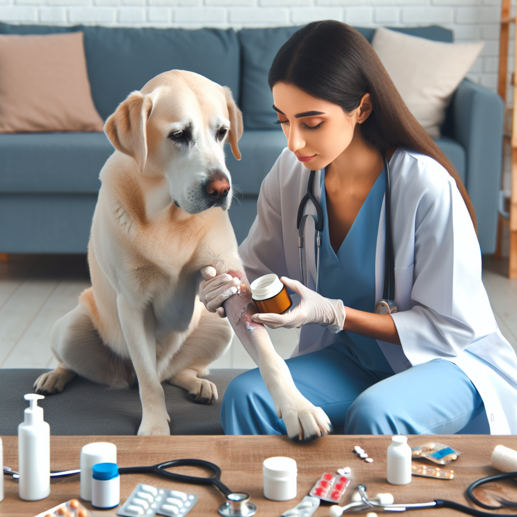 Propriétaire de chien appliquant de la pommade à une plaie mineure du chien avec des outils et des médicaments vétérinaires en arrière-plan.